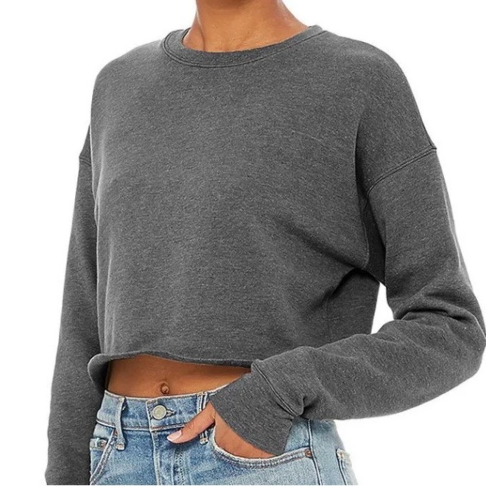 WSLY ✨REFORMATION cropped crewneck sweatshirt grey embroidered logo | Sz M